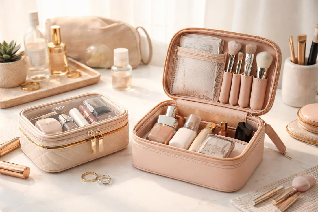 compact makeup bag and organized travel case