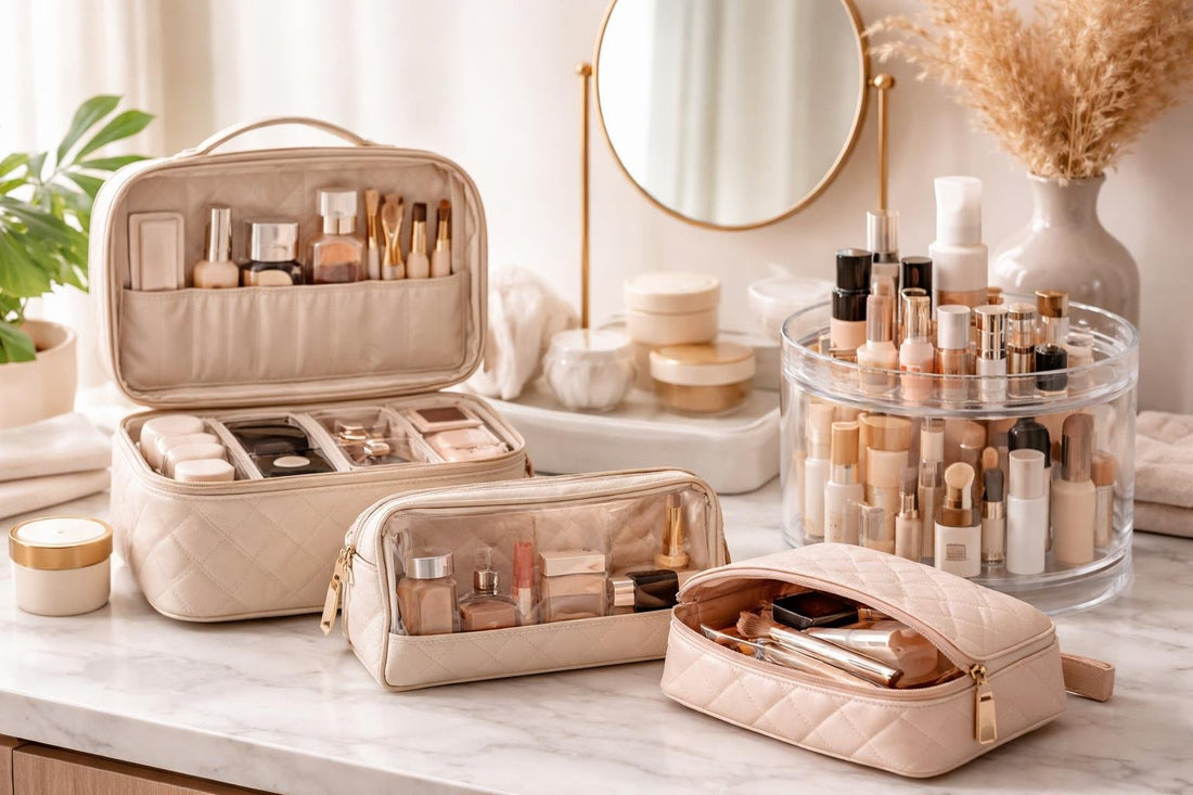 organized travel makeup bags and rotating tray