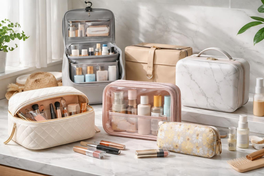assorted travel makeup bags and toiletry kits
