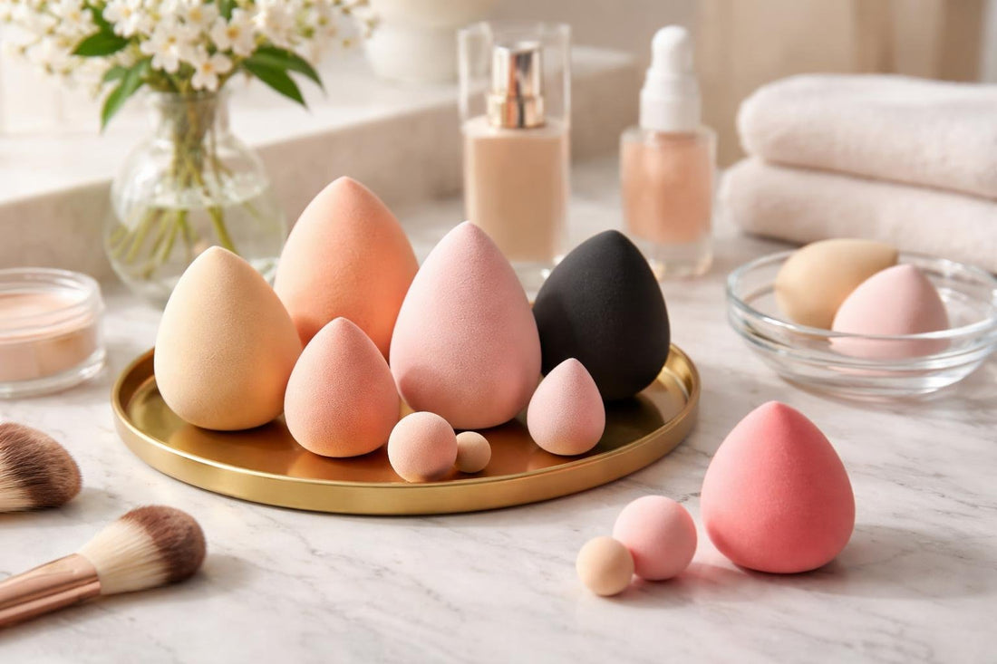 assorted makeup blenders and sponges display