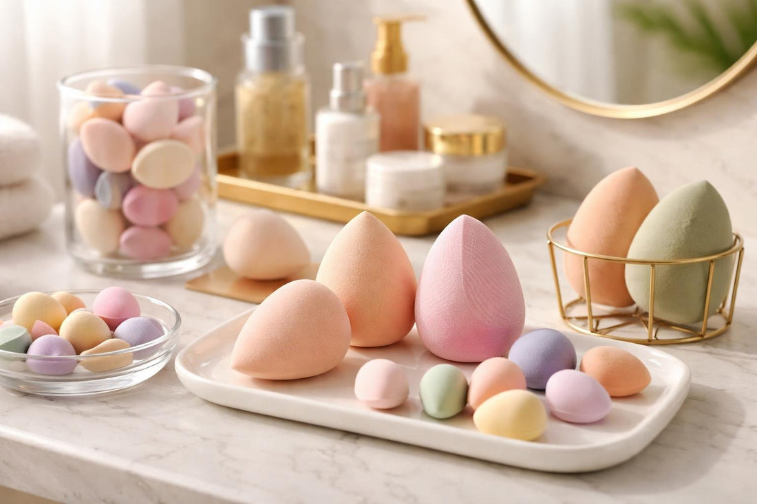 Assorted makeup blenders and sponges on counter