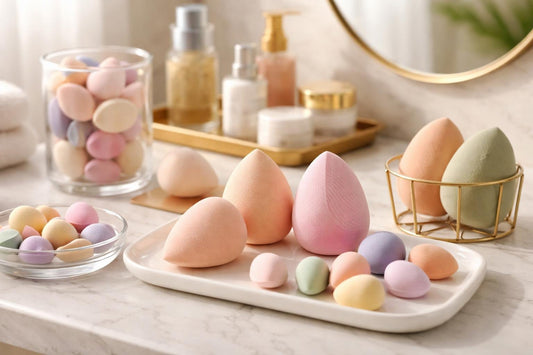 Assorted makeup blenders and sponges on counter
