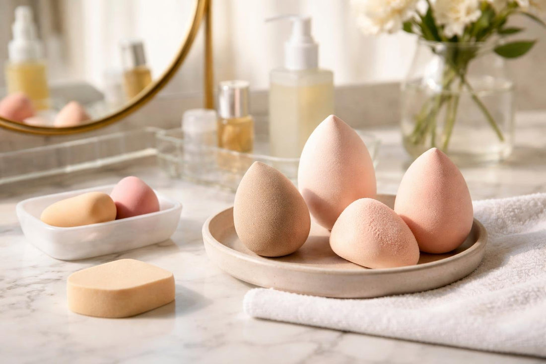 assorted makeup sponges and blenders on counter