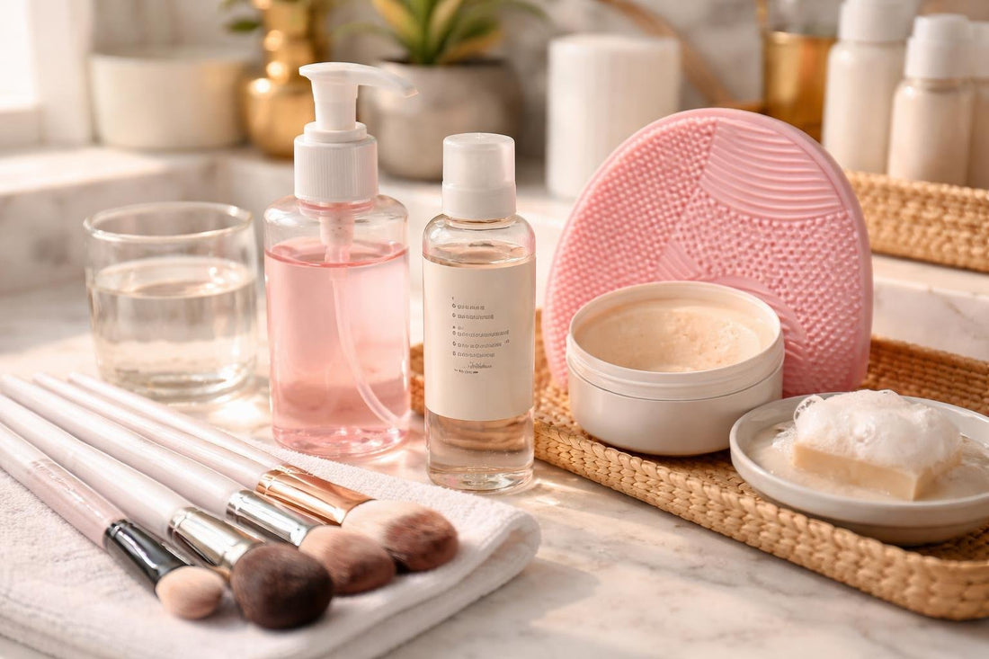 Makeup brush cleaner essentials arranged beside clean brushes