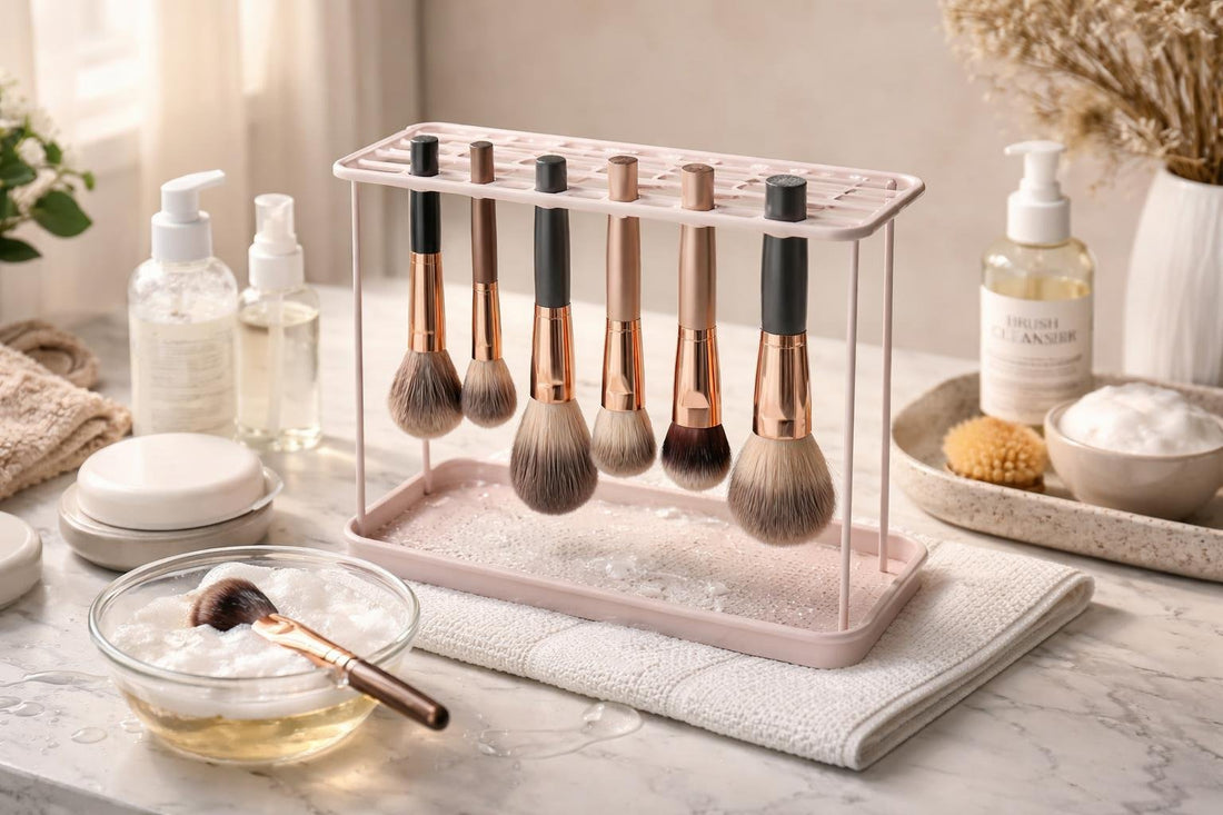 Assorted makeup brushes drying on rack after cleaning