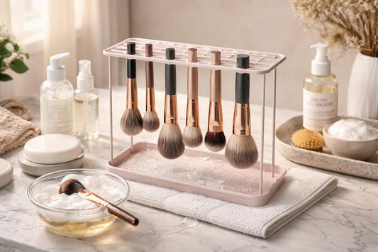 Assorted makeup brushes drying on rack after cleaning