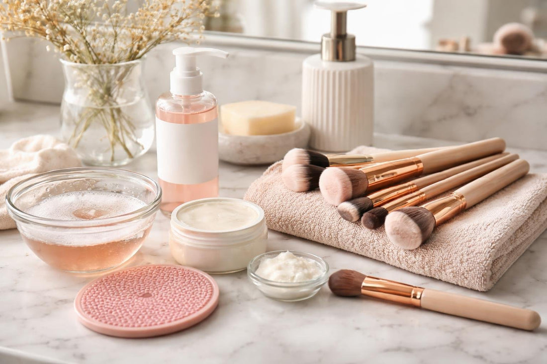 Makeup brush cleaner essentials laid out for at-home washing