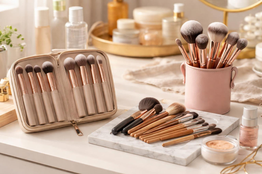 Makeup brush sets and kits laid out on table in Toronto