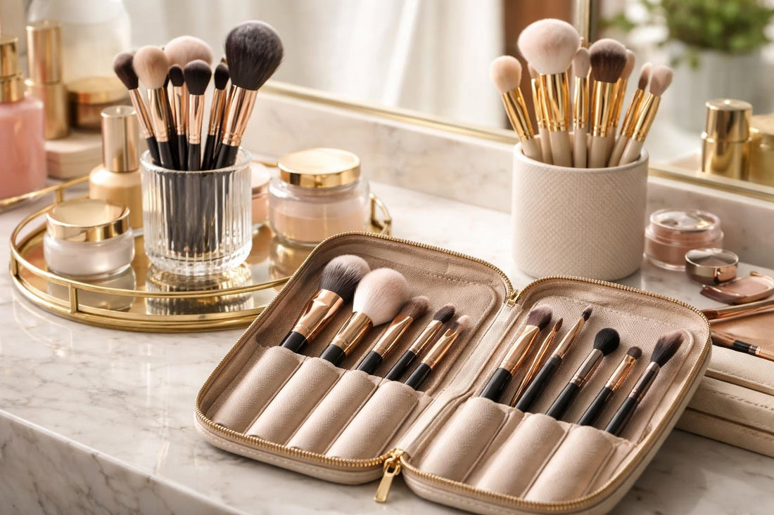 advanced makeup brush sets and tools on vanity