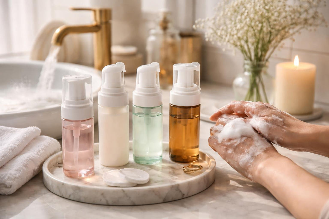 Makeup cleansing foam removing makeup gently at a sink