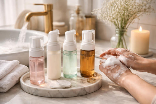 Makeup cleansing foam removing makeup gently at a sink