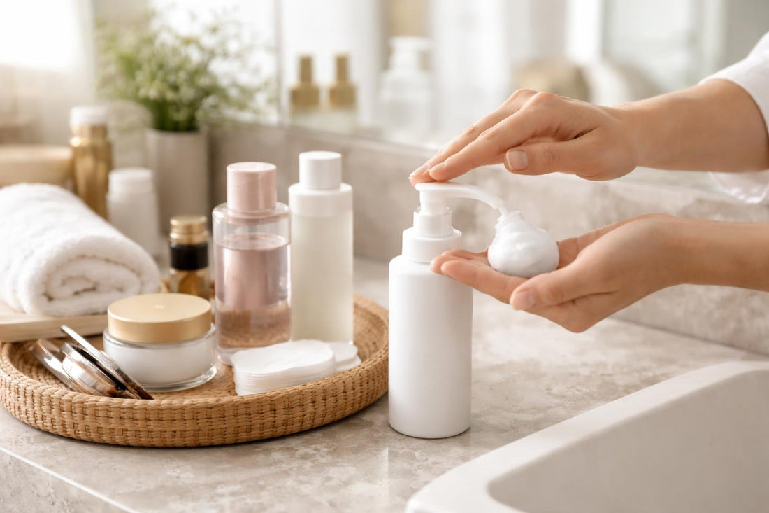 Hands dispensing cleansing foam beside makeup remover essentials