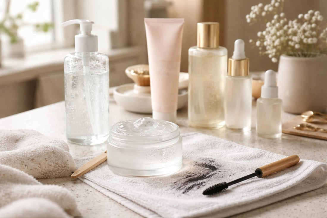 Makeup cleansing gel removing waterproof mascara on sensitive skin