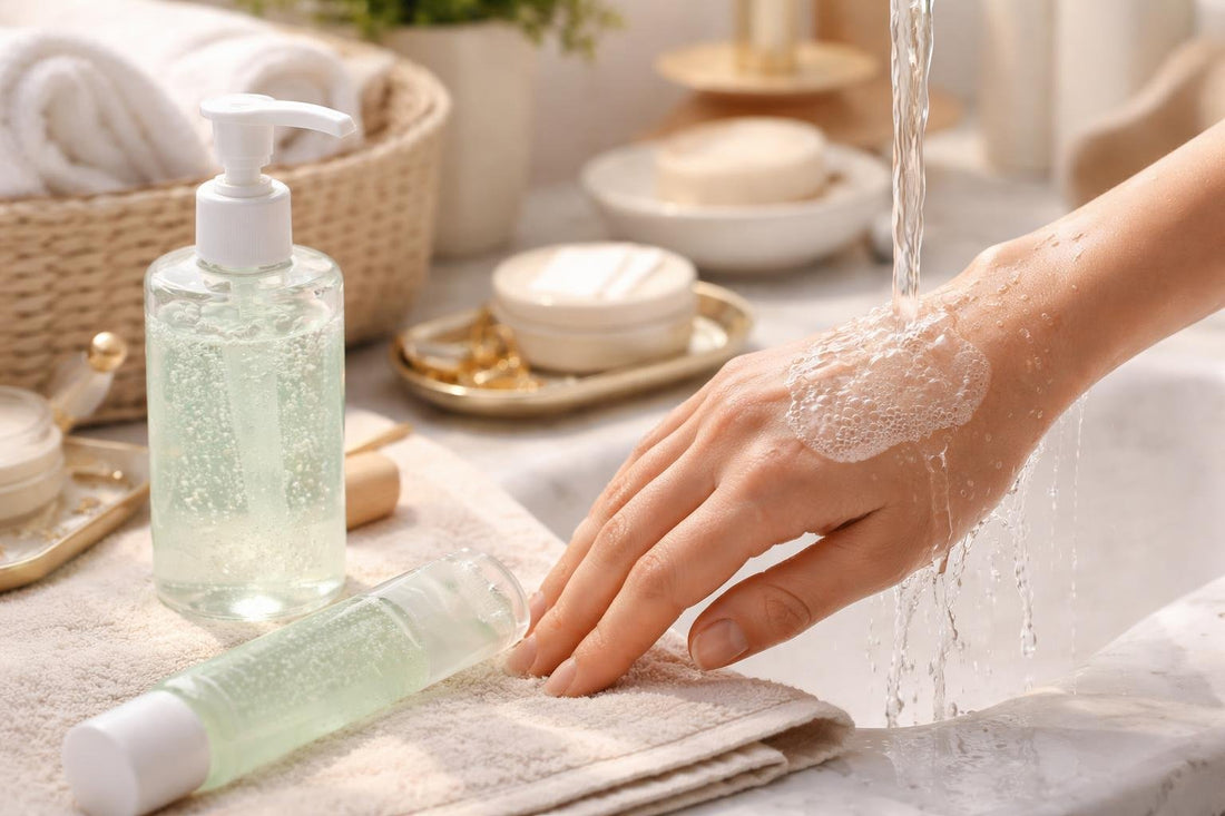 Makeup cleansing gel texture on skin with water rinse