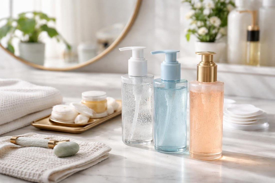 Toronto shopper comparing makeup cleansing gels on countertop