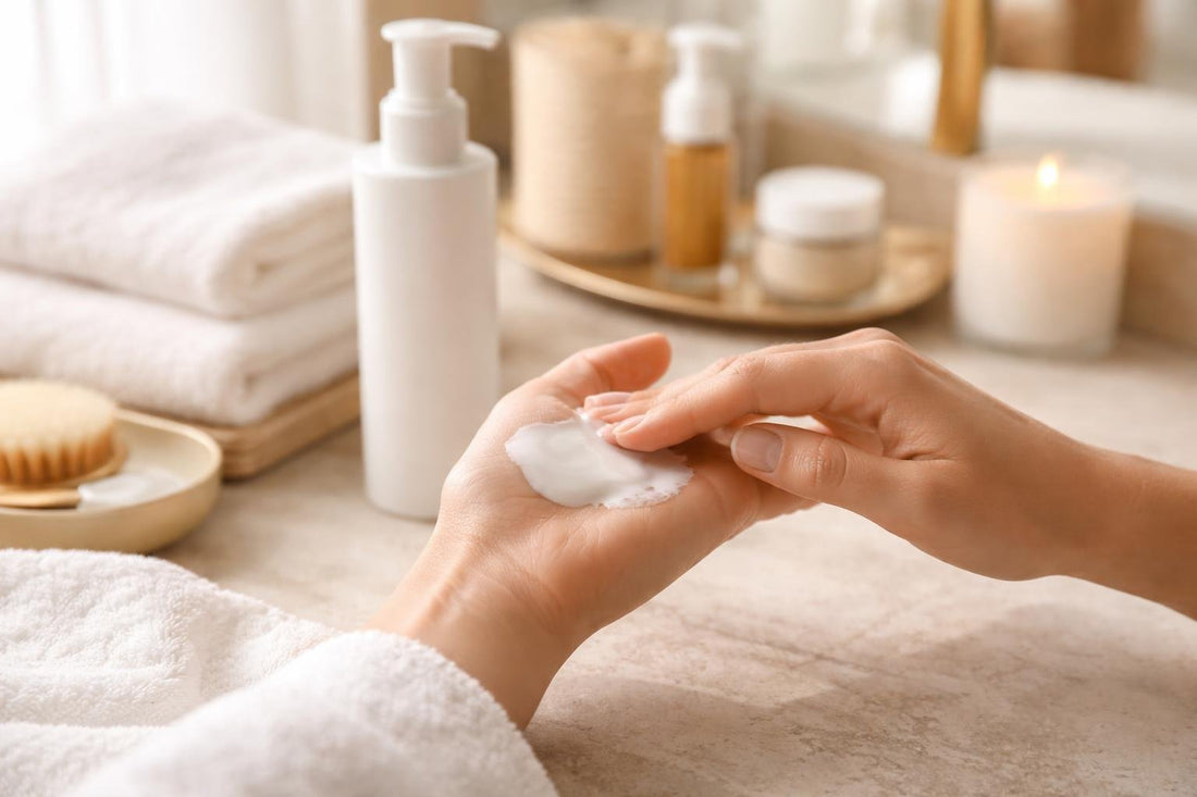 Hands applying cleansing milk to remove makeup gently
