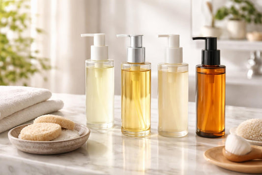 Makeup cleansing oils collection on bathroom counter