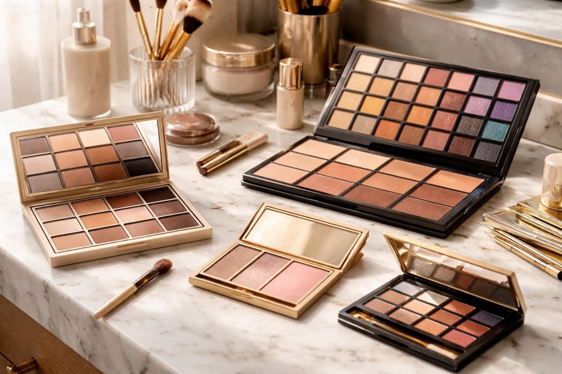 Beginner and pro makeup palettes laid out by shade