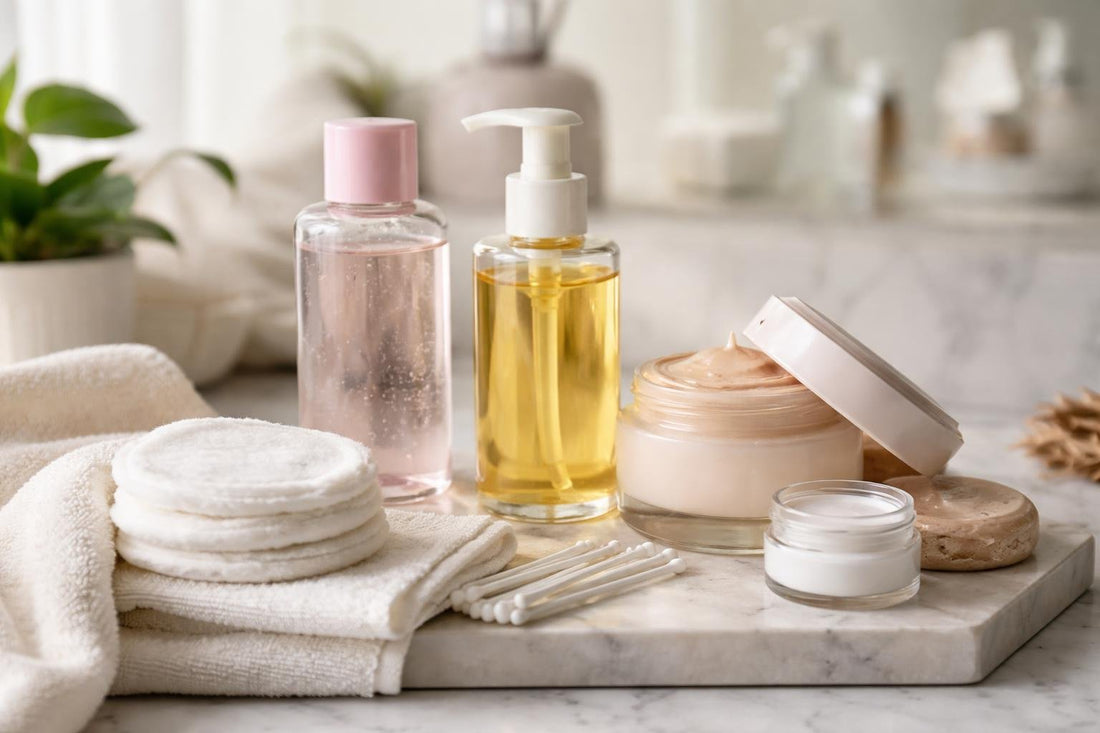 Makeup removers and reusable cloth on towel