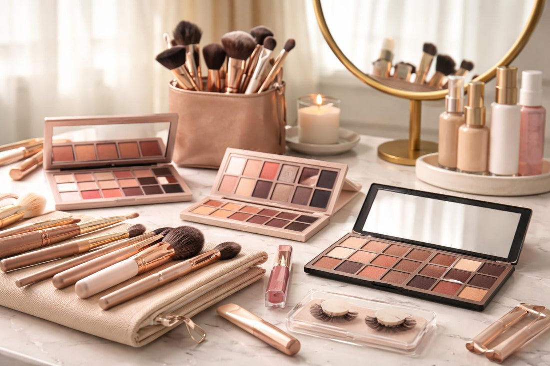 Makeup kit selection with brushes and palettes