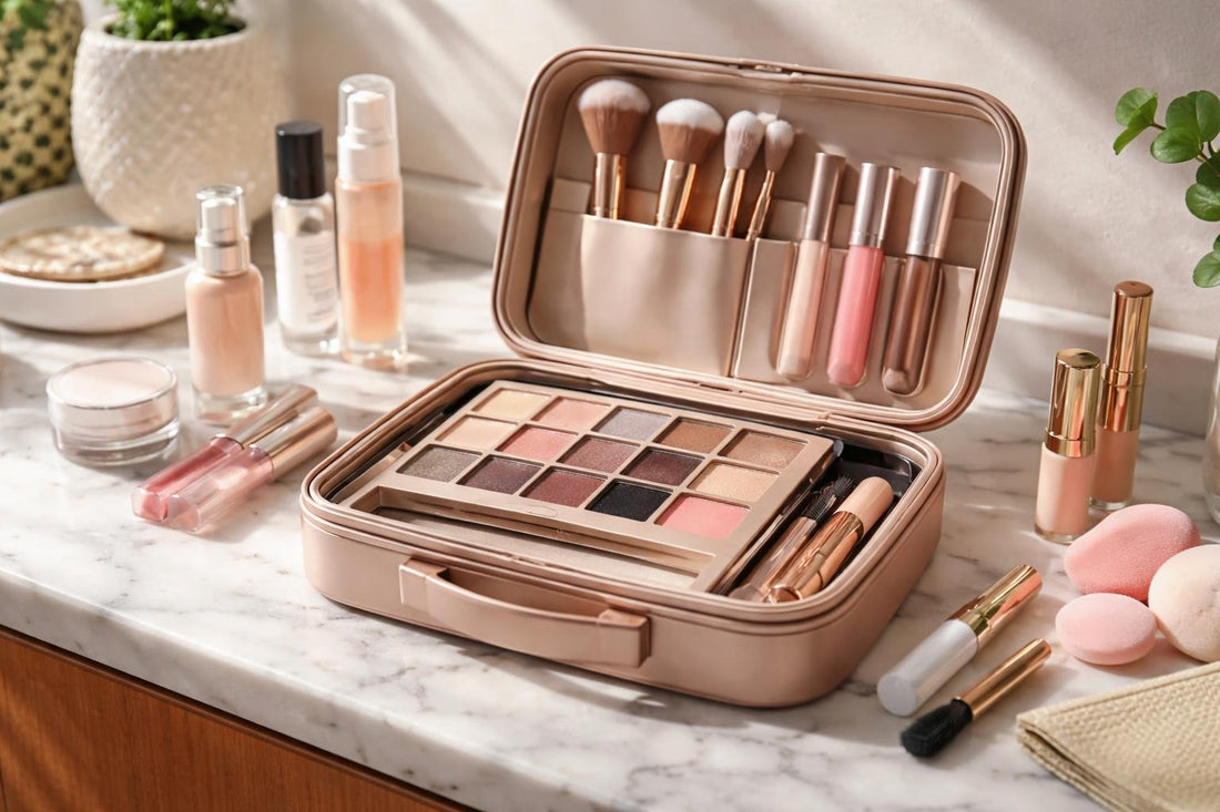 Beginner makeup kit open with brushes