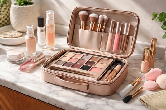Beginner makeup kit open with brushes