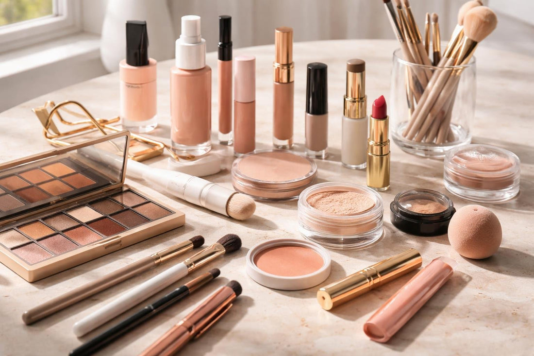 Makeup essentials arranged for beginner to pro routines