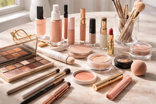 Makeup essentials arranged for beginner to pro routines