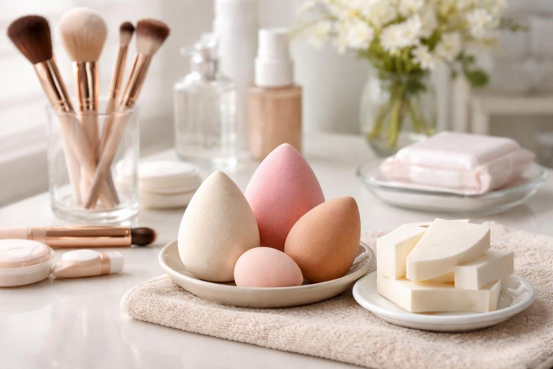 Variety of makeup sponges and blenders on table