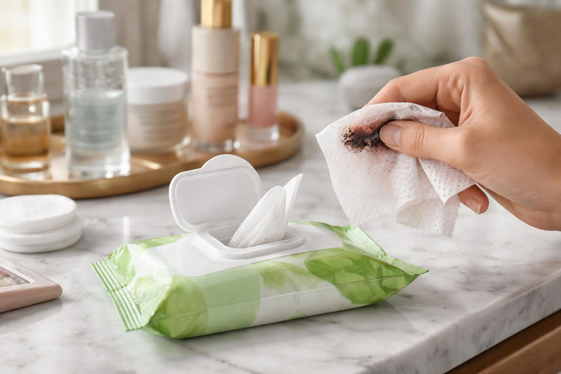 Hands using makeup cleansing wipe to remove full-face makeup