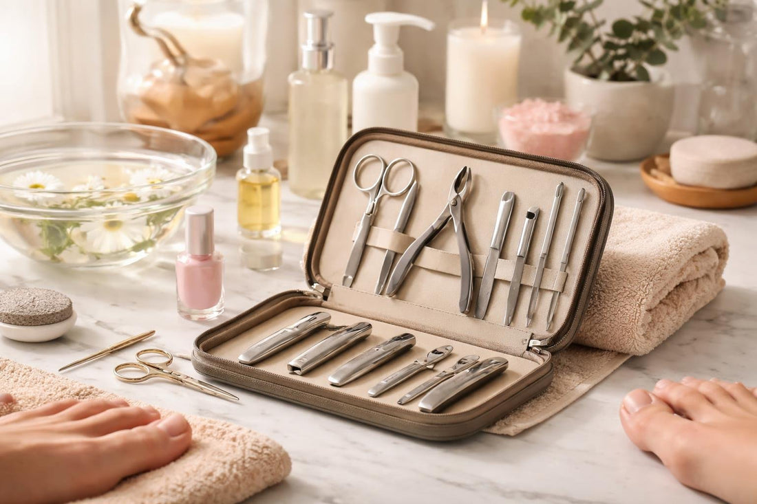 At-home manicure and pedicure care kit tools in case
