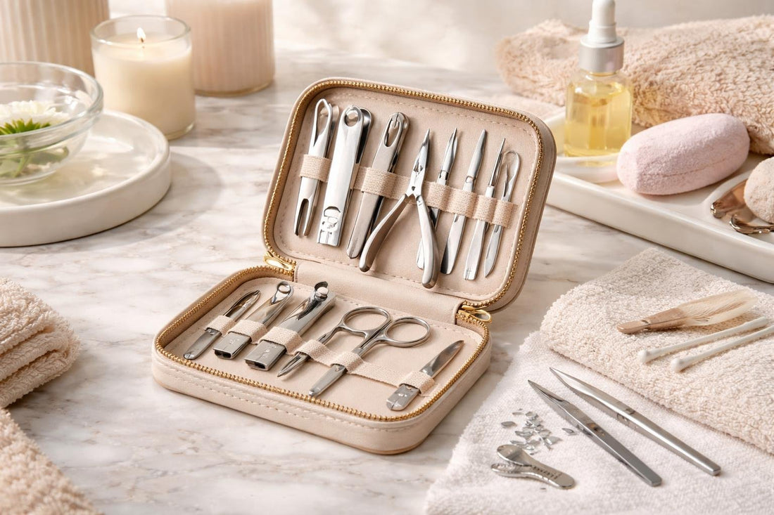 Compact manicure and pedicure kit with tools