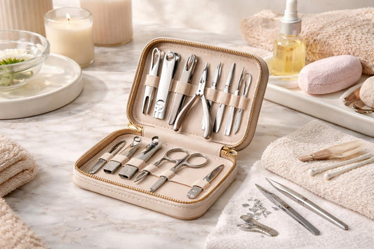 Compact manicure and pedicure kit with tools