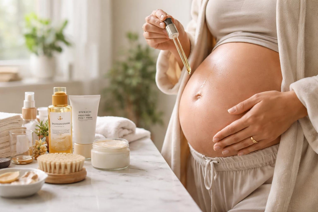 Pregnant person applying belly oil for stretch mark prevention