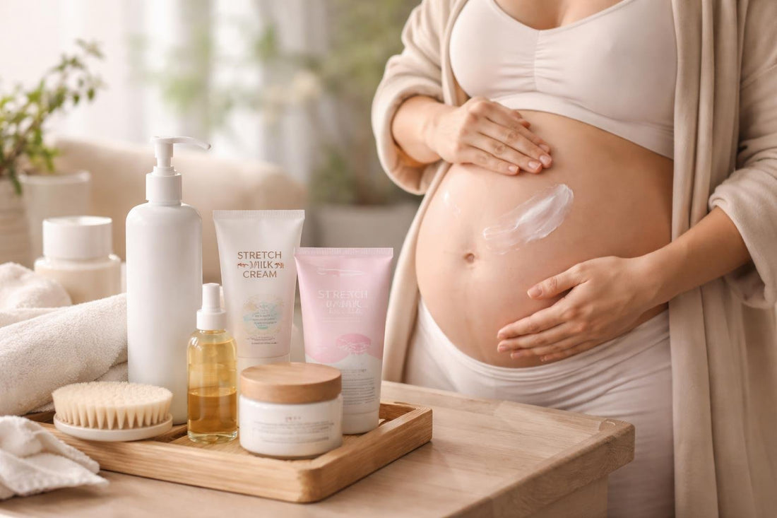 Pregnant woman applying stretch mark cream routine
