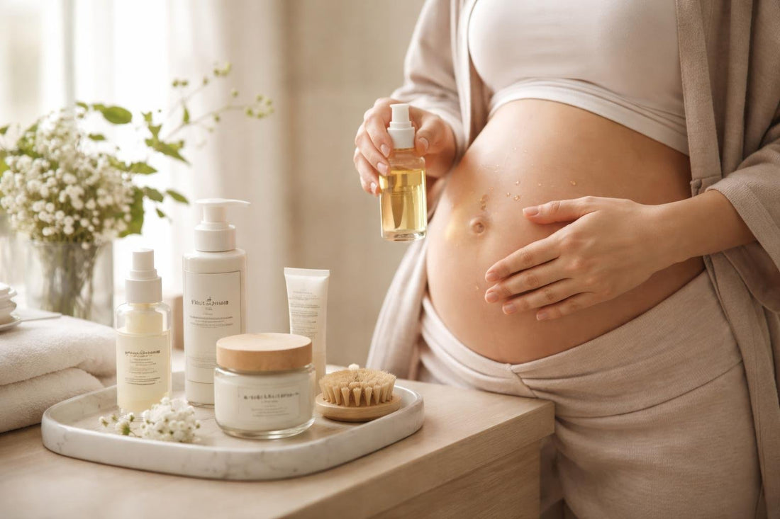Pregnant woman applying belly oil for sensitive skin