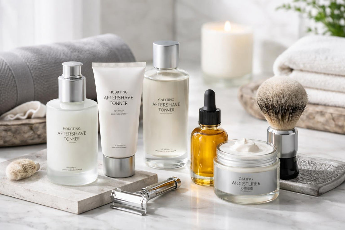 Men’s after shave care products and balms displayed