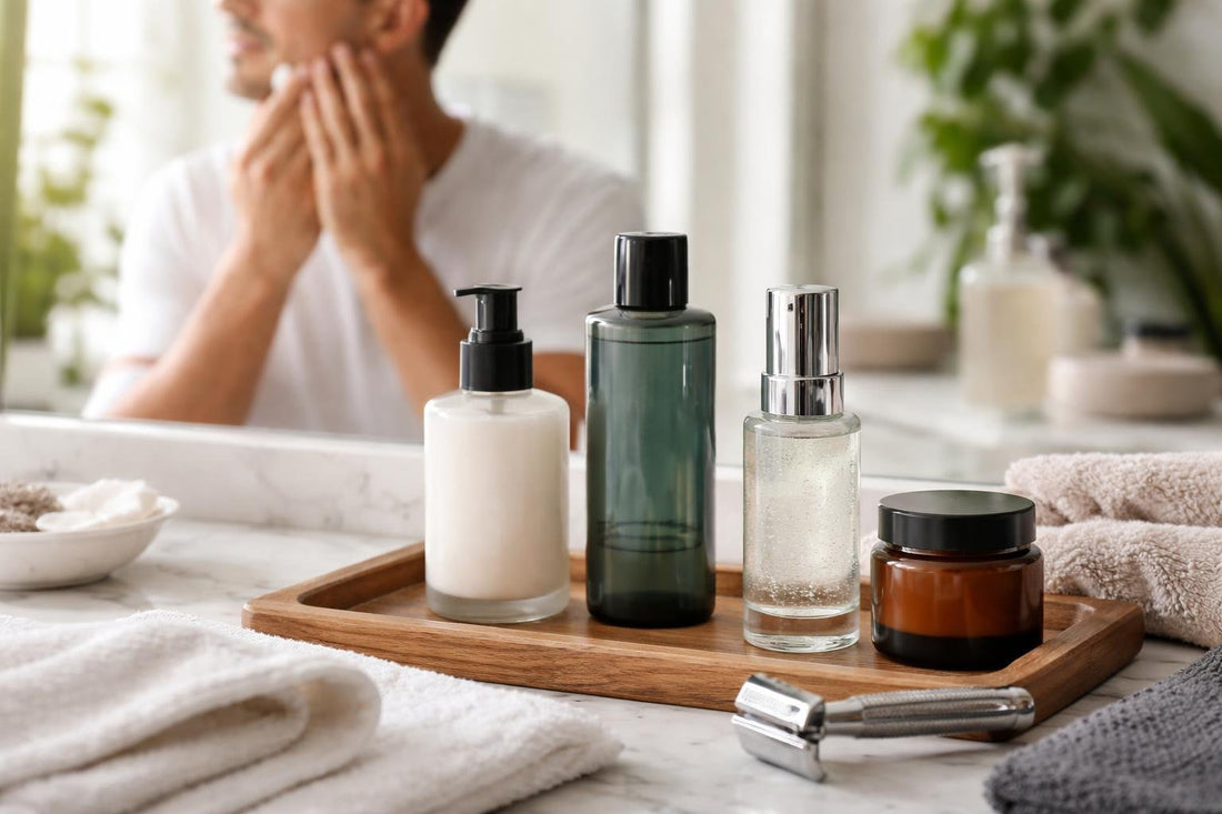 man applying after shave to clean face