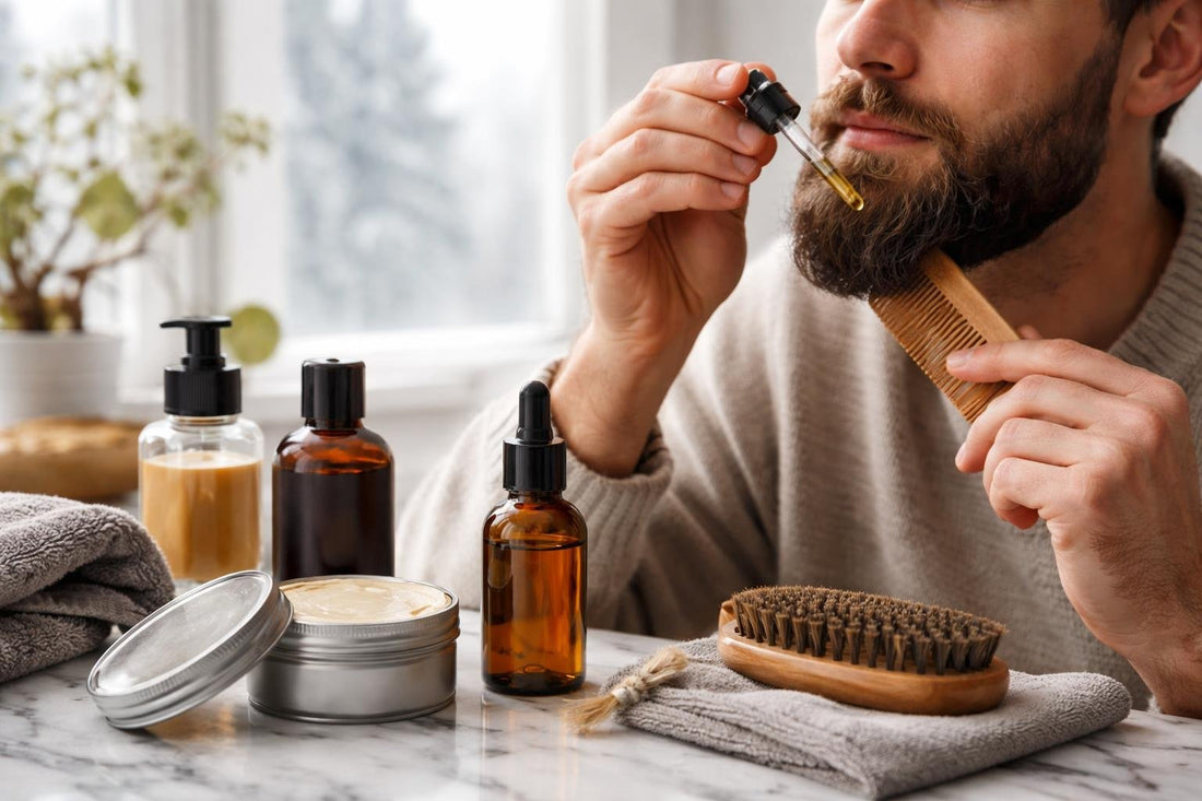 Man grooming beard with oil and comb