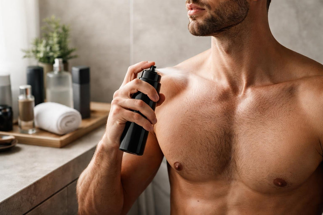 Man applying scented body spray to neck and chest