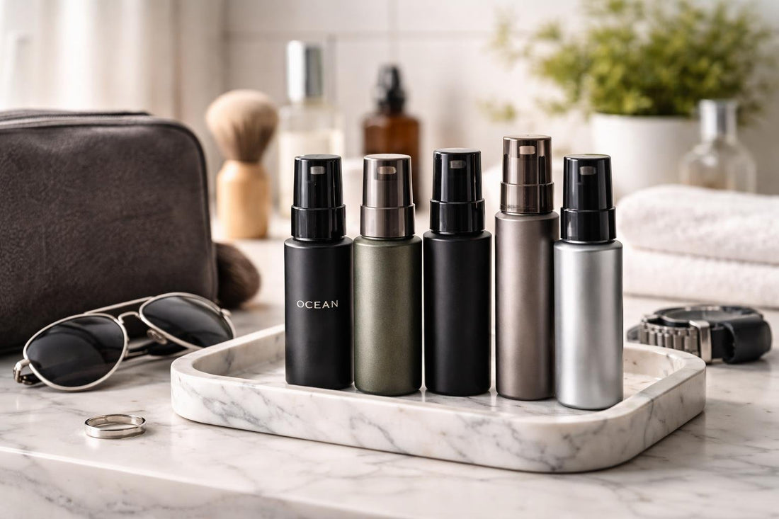 Travel-size men's scented body sprays on dresser