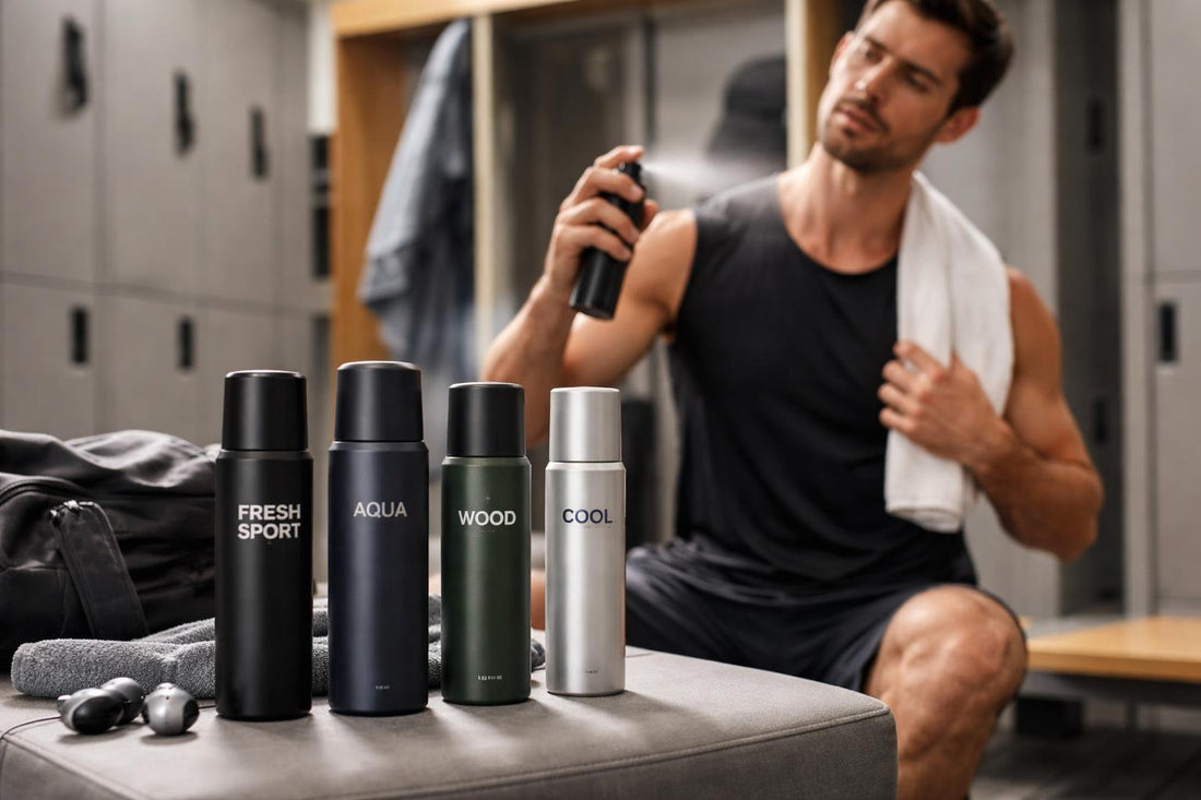 Men applying scented body spray after gym workout