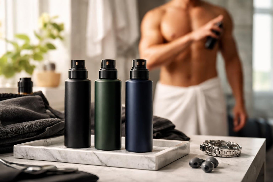 Men using scented body spray after a seasonal workout