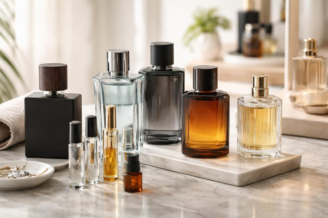 men’s cologne bottles and travel sizes on table