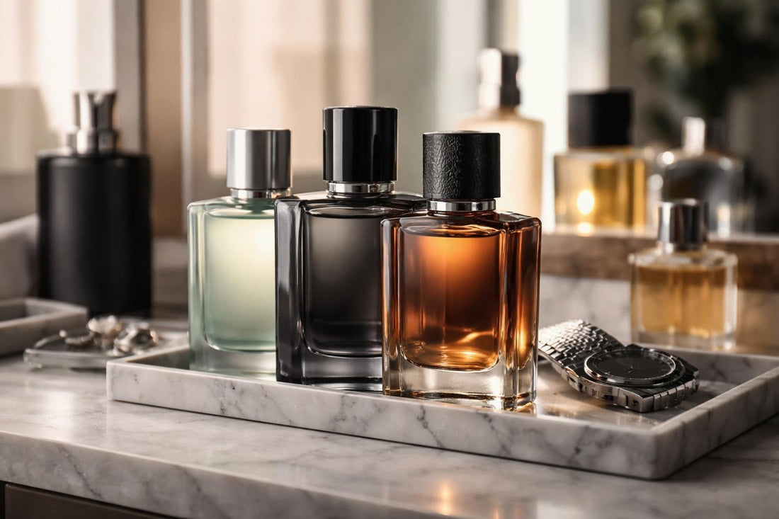Layered men’s cologne bottles for day to night wear