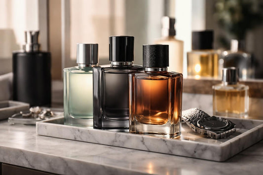Layered men’s cologne bottles for day to night wear