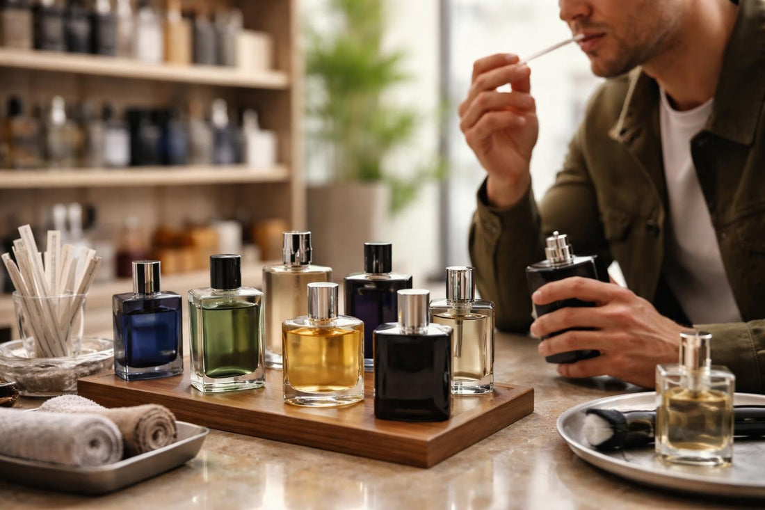 Man sampling men’s colognes in Toronto store