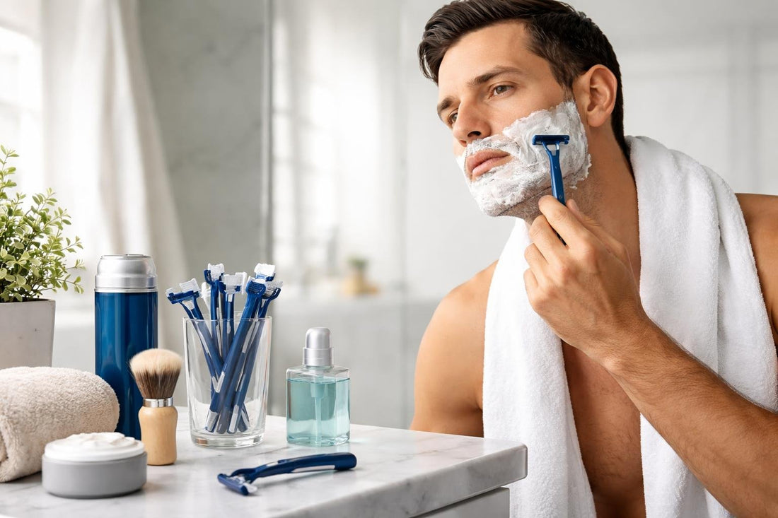 Man shaving with disposable razor using light pressure