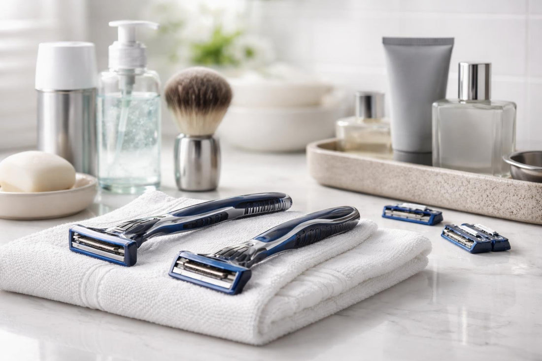 Men's disposable razor and shaving essentials on counter
