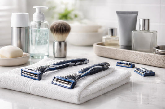 Men's disposable razor and shaving essentials on counter